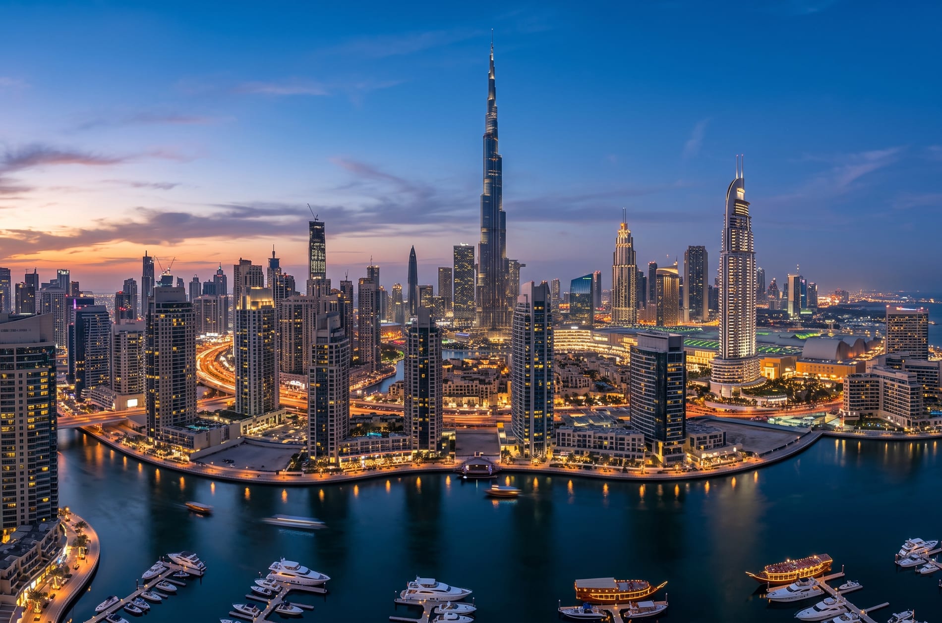 Downtown Dubai at blue hour, the Burj Khalifa lit above the Business Bay skyline