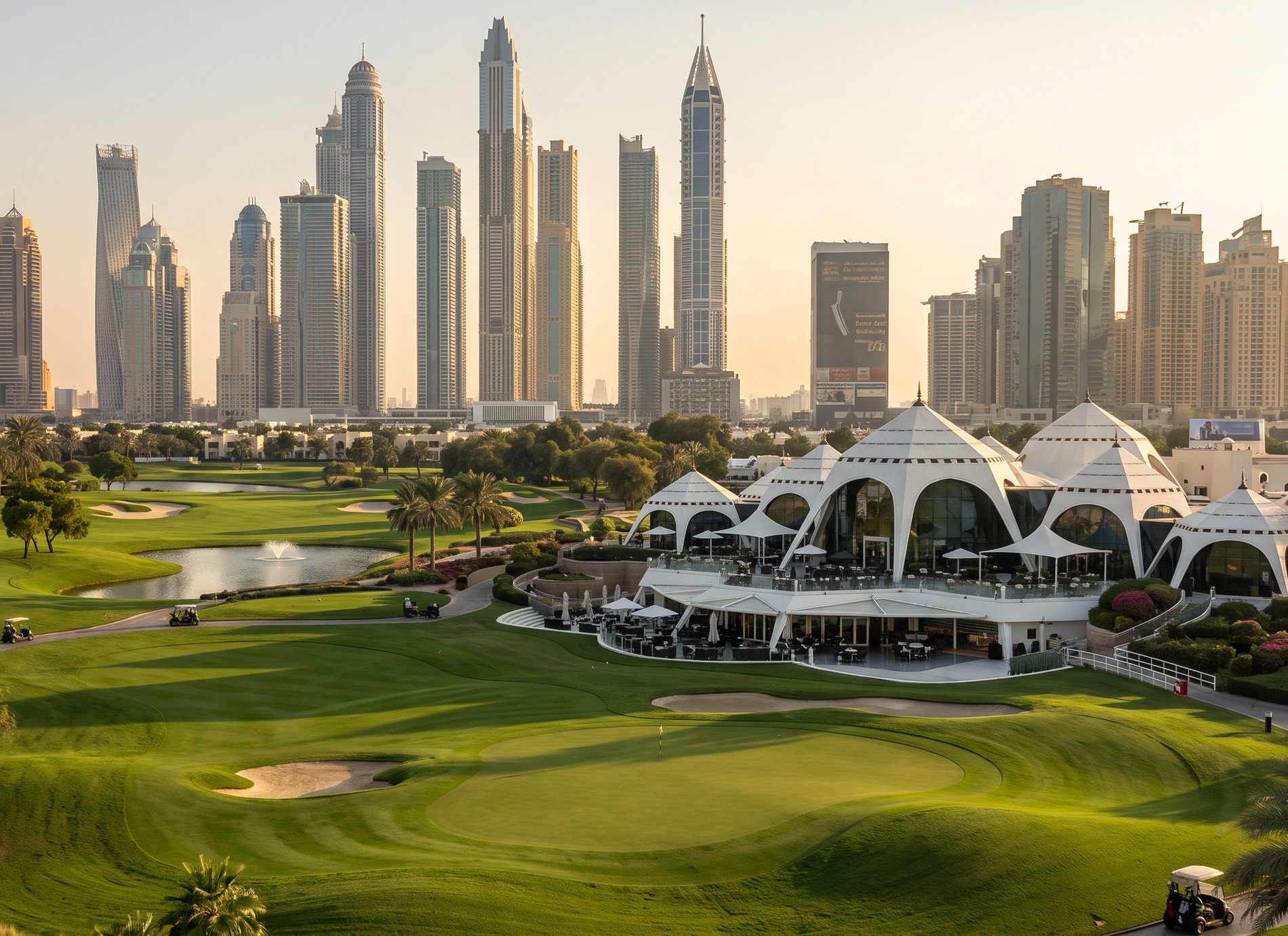 The Emirates Golf Club clubhouse and course at golden hour, the Dubai Marina skyline behind