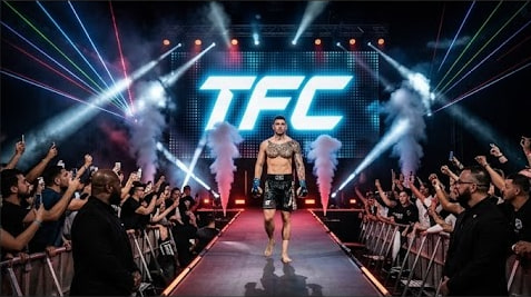 A fighter walking out to the ring through pyro and a roaring crowd