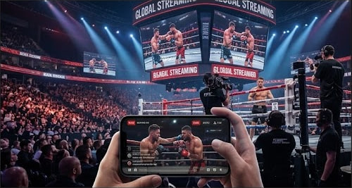 The fight streamed on a phone while the arena screens carry it live