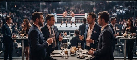 Guests networking at ringside tables with the ring behind them