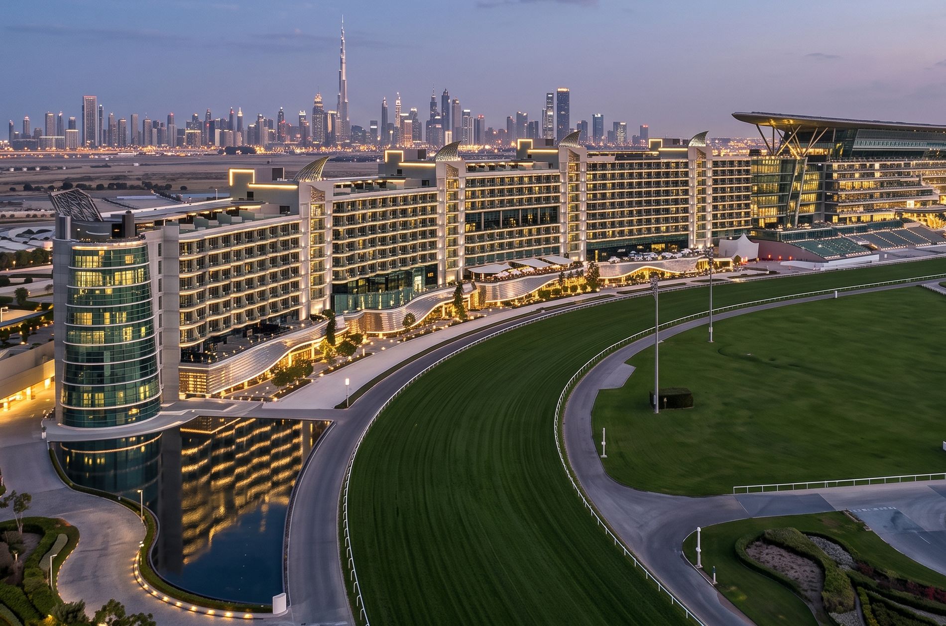 The Meydan Hotel and racecourse at dusk, the Downtown Dubai skyline and Burj Khalifa behind